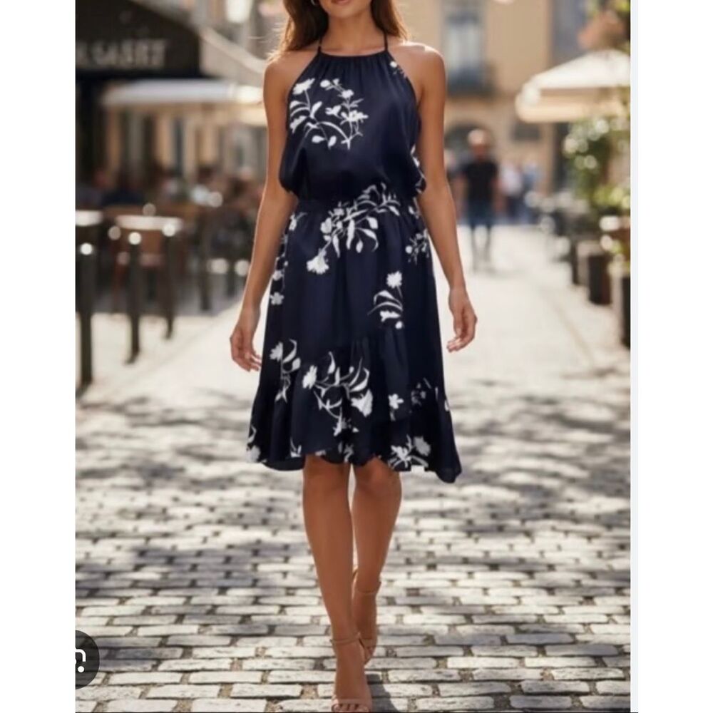 Joie Navy White Deme B Floral Halter Sleeveless Ruffle High Low Dress Size Small
